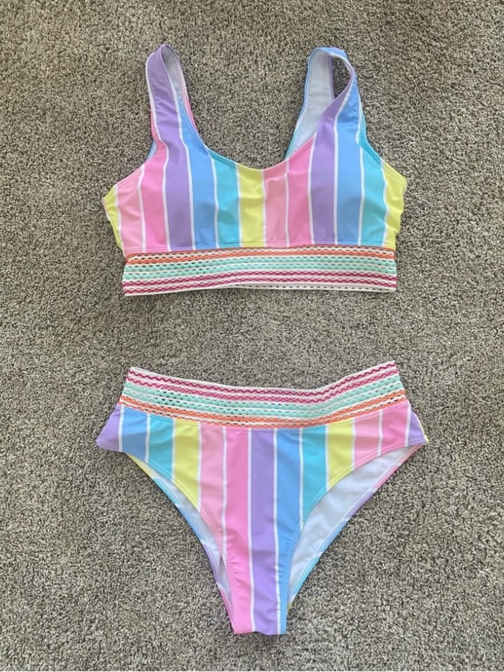 Cupshe Pastel Rainbow Stripe High-Waist Bikini Set